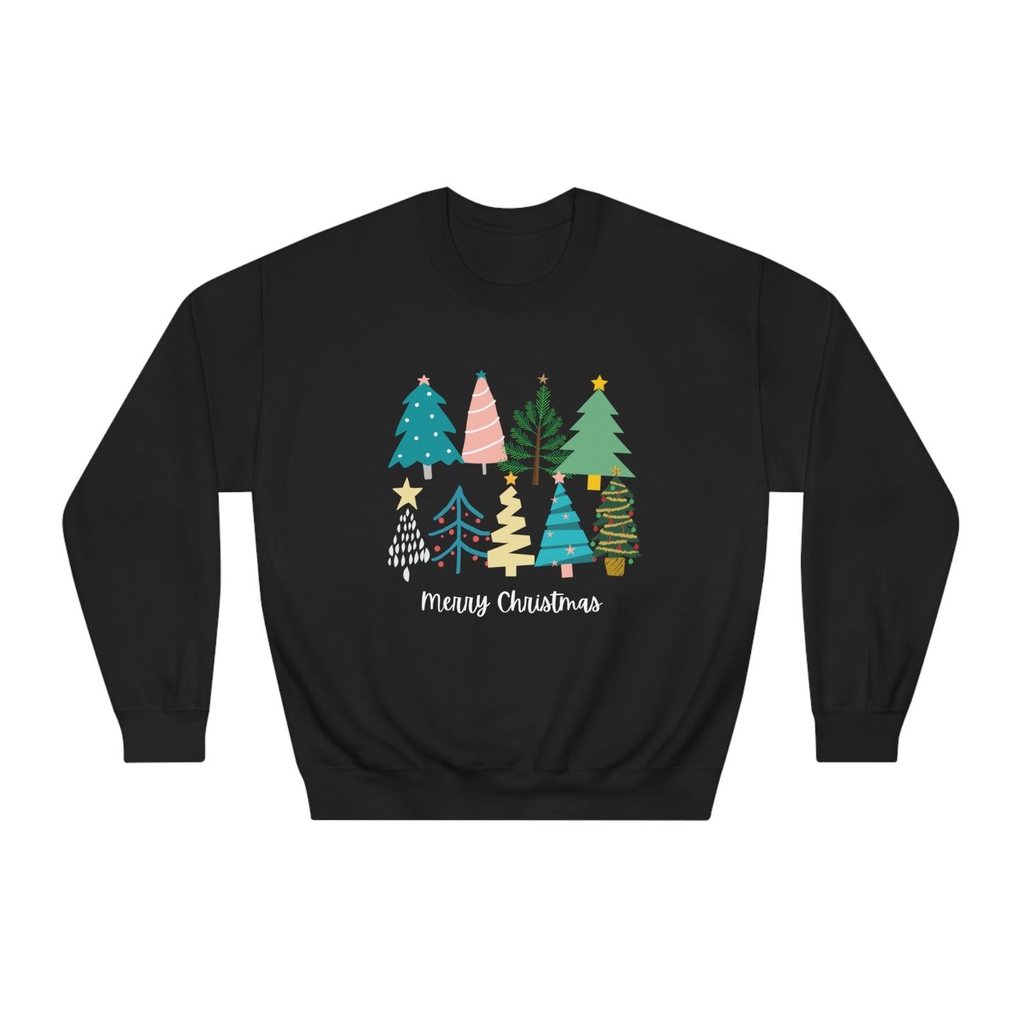 Women’s Merry Christmas Crewneck Sweater with Cute Christmas Trees - Festive Holiday Sweater