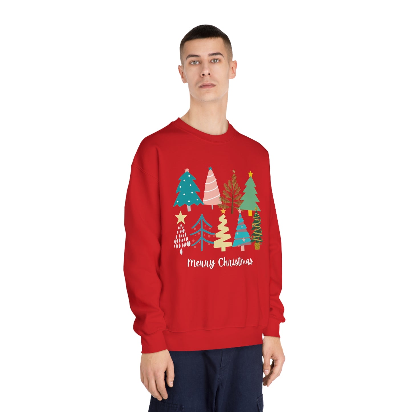 Women’s Merry Christmas Crewneck Sweater with Cute Christmas Trees - Festive Holiday Sweater