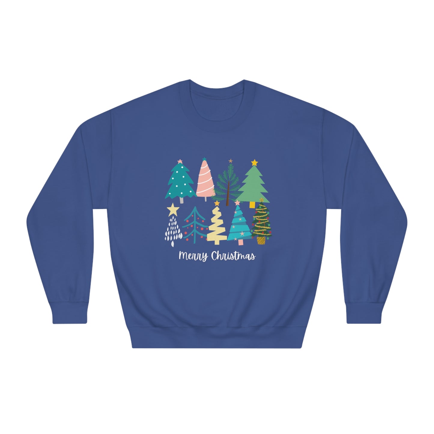 Women’s Merry Christmas Crewneck Sweater with Cute Christmas Trees - Festive Holiday Sweater