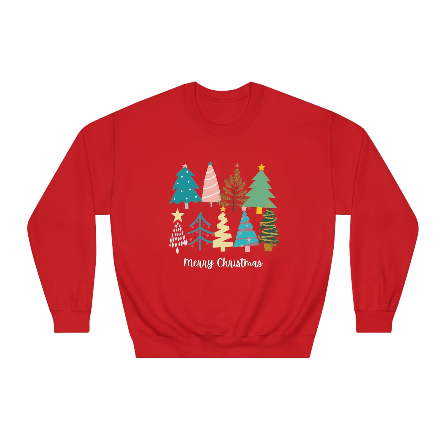 Women’s Merry Christmas Crewneck Sweater with Cute Christmas Trees - Festive Holiday Sweater