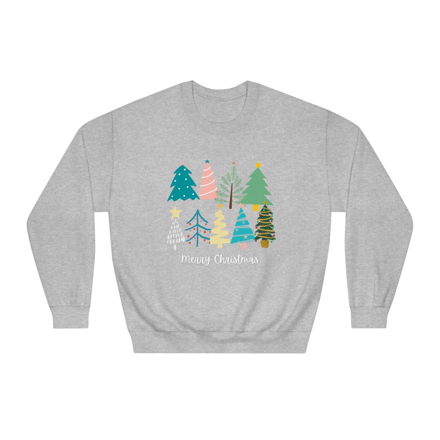 Women’s Merry Christmas Crewneck Sweater with Cute Christmas Trees - Festive Holiday Sweater