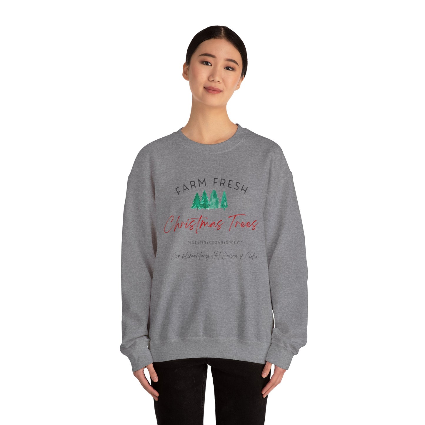 Christmas Tree Farm Fresh Sweatshirt with “Complimentary Hot Cocoa & Cider” – Cozy Holiday Sweatshirt Crewneck Sweatshirt