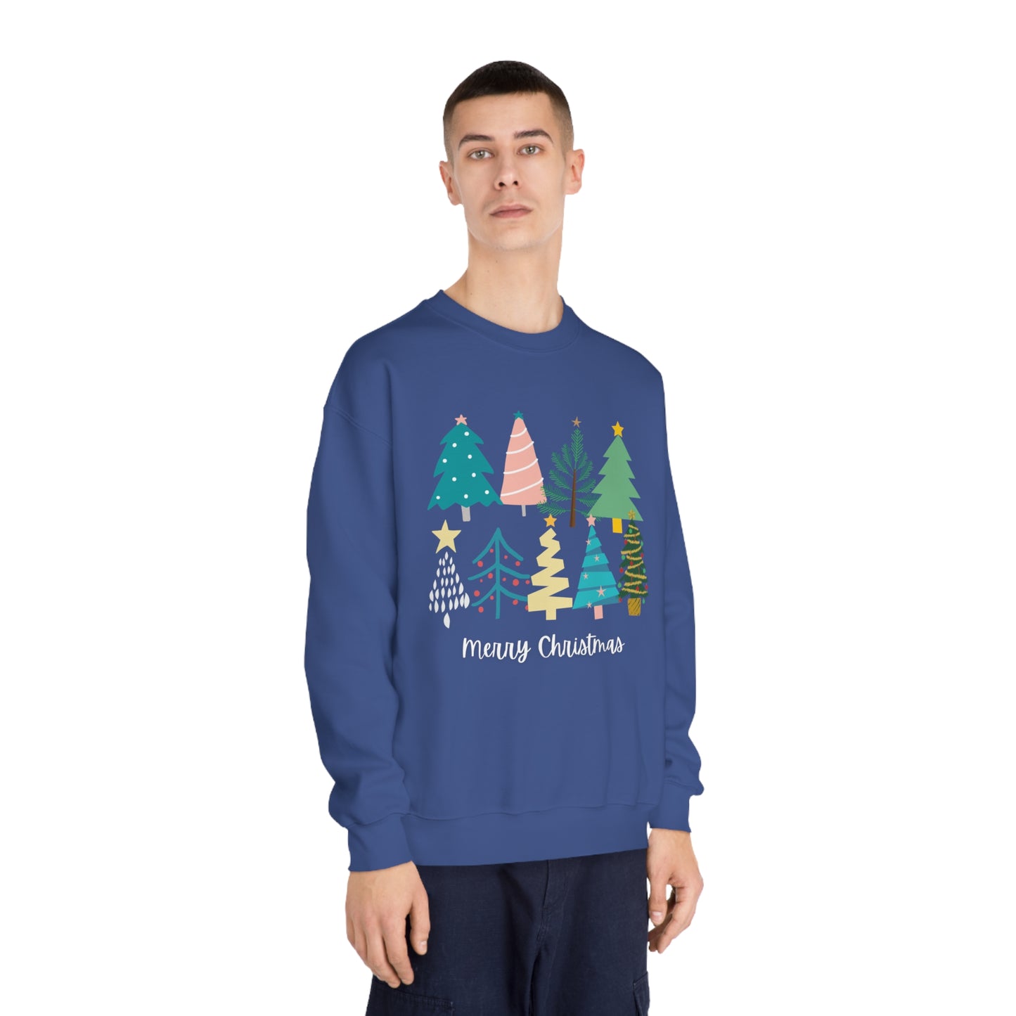 Women’s Merry Christmas Crewneck Sweater with Cute Christmas Trees - Festive Holiday Sweater