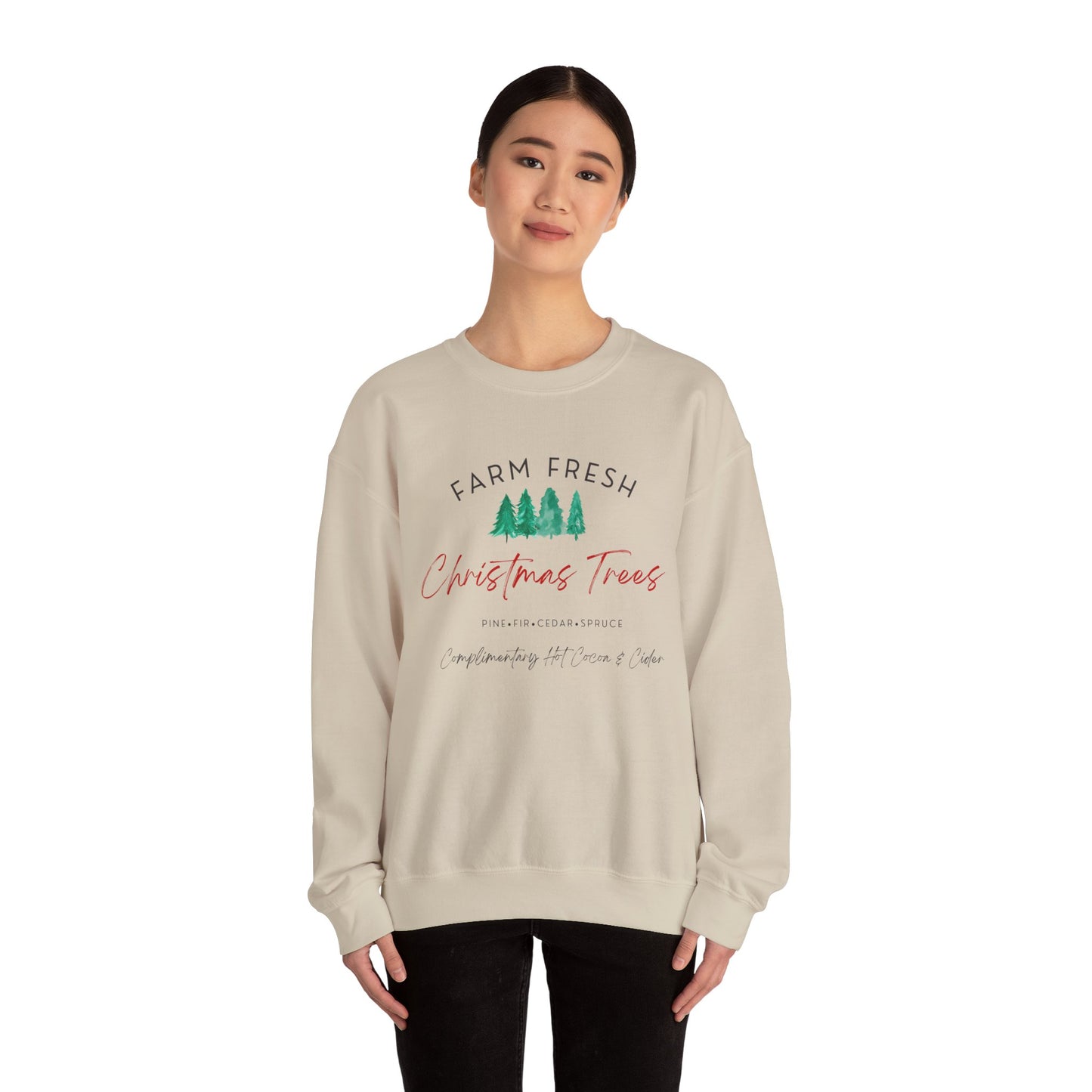 Christmas Tree Farm Fresh Sweatshirt with “Complimentary Hot Cocoa & Cider” – Cozy Holiday Sweatshirt Crewneck Sweatshirt