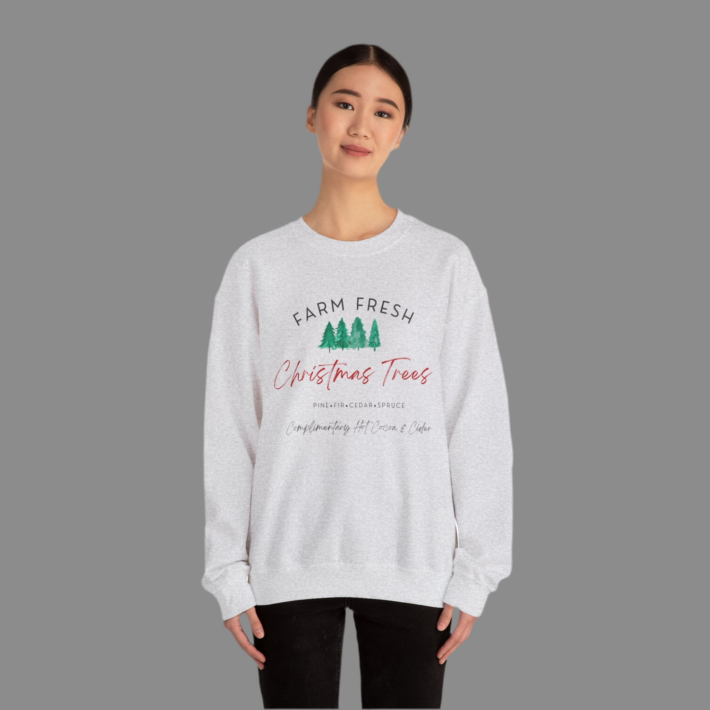 Christmas Tree Farm Fresh Sweatshirt with “Complimentary Hot Cocoa & Cider” – Cozy Holiday Sweatshirt Crewneck Sweatshirt