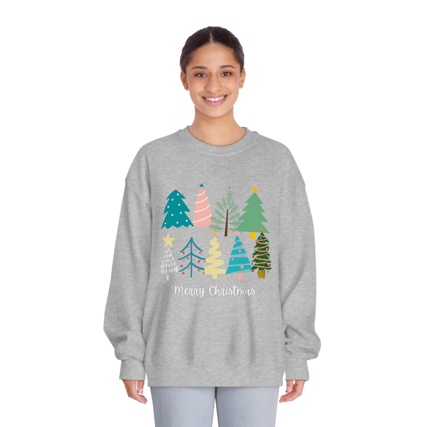 Women’s Merry Christmas Crewneck Sweater with Cute Christmas Trees - Festive Holiday Sweater