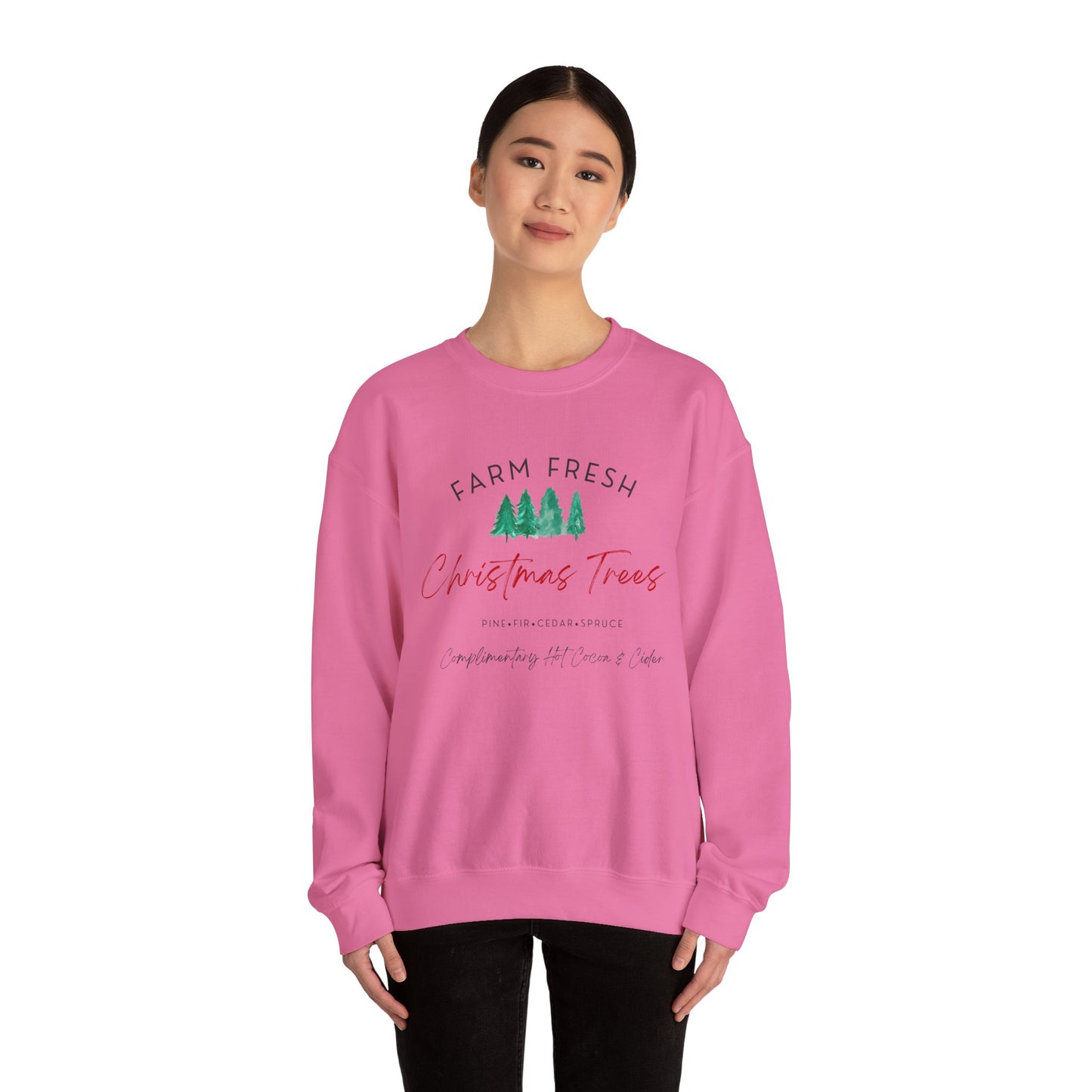 Christmas Tree Farm Fresh Sweatshirt with “Complimentary Hot Cocoa & Cider” – Cozy Holiday Sweatshirt Crewneck Sweatshirt