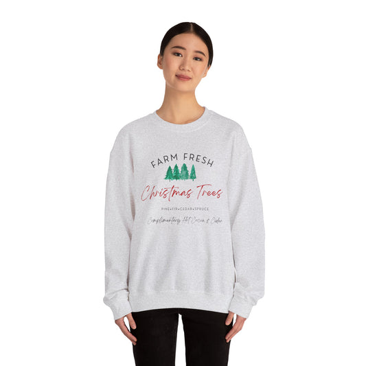 Christmas Tree Farm Fresh Sweatshirt with “Complimentary Hot Cocoa & Cider” – Cozy Holiday Sweatshirt Crewneck Sweatshirt