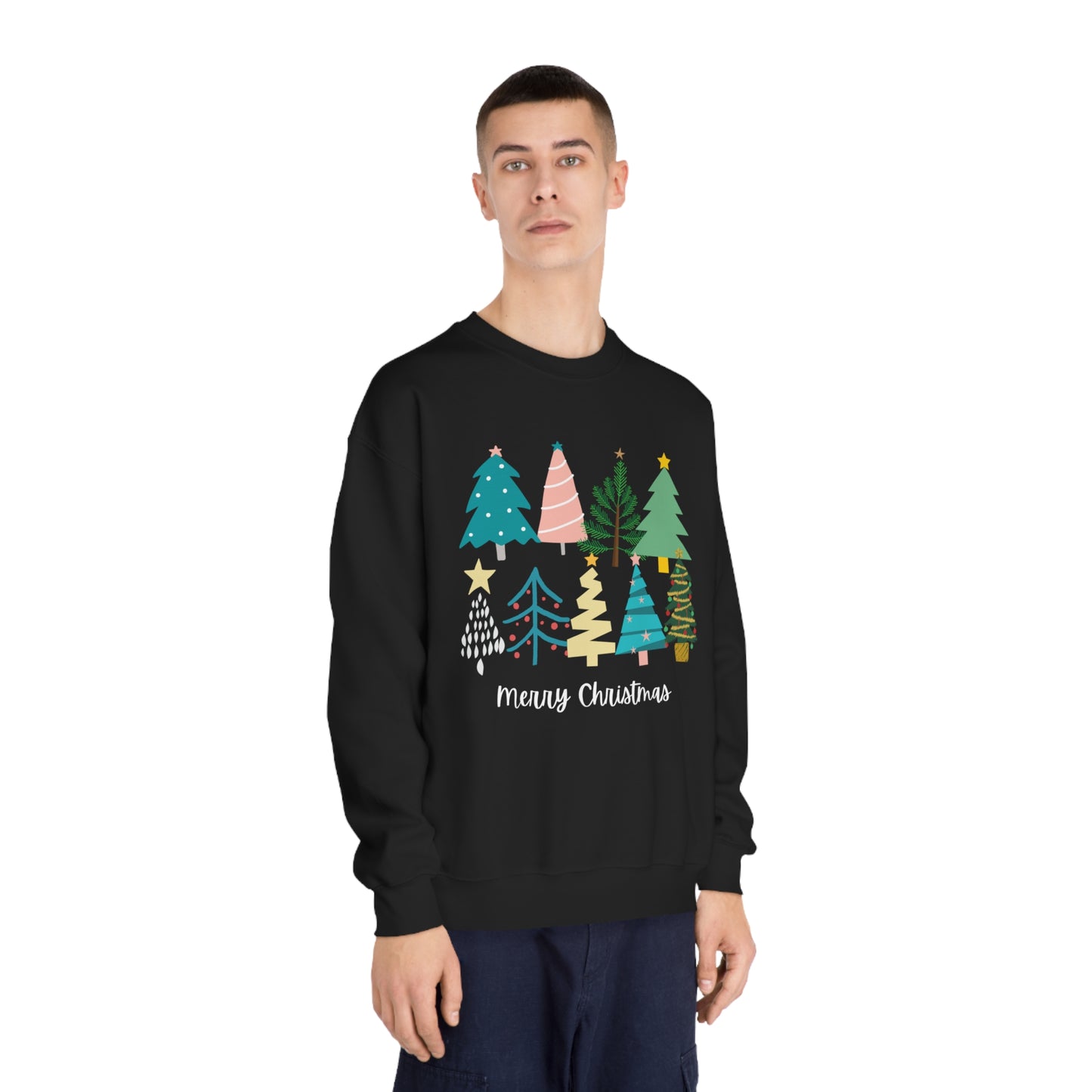 Women’s Merry Christmas Crewneck Sweater with Cute Christmas Trees - Festive Holiday Sweater