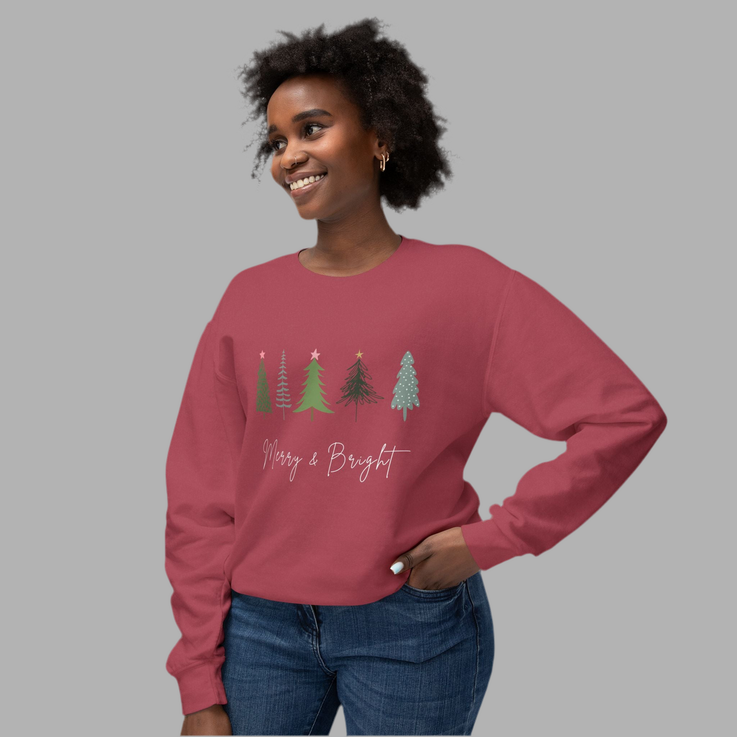 Women’s “Merry & Bright” Christmas Sweater with Christmas Trees