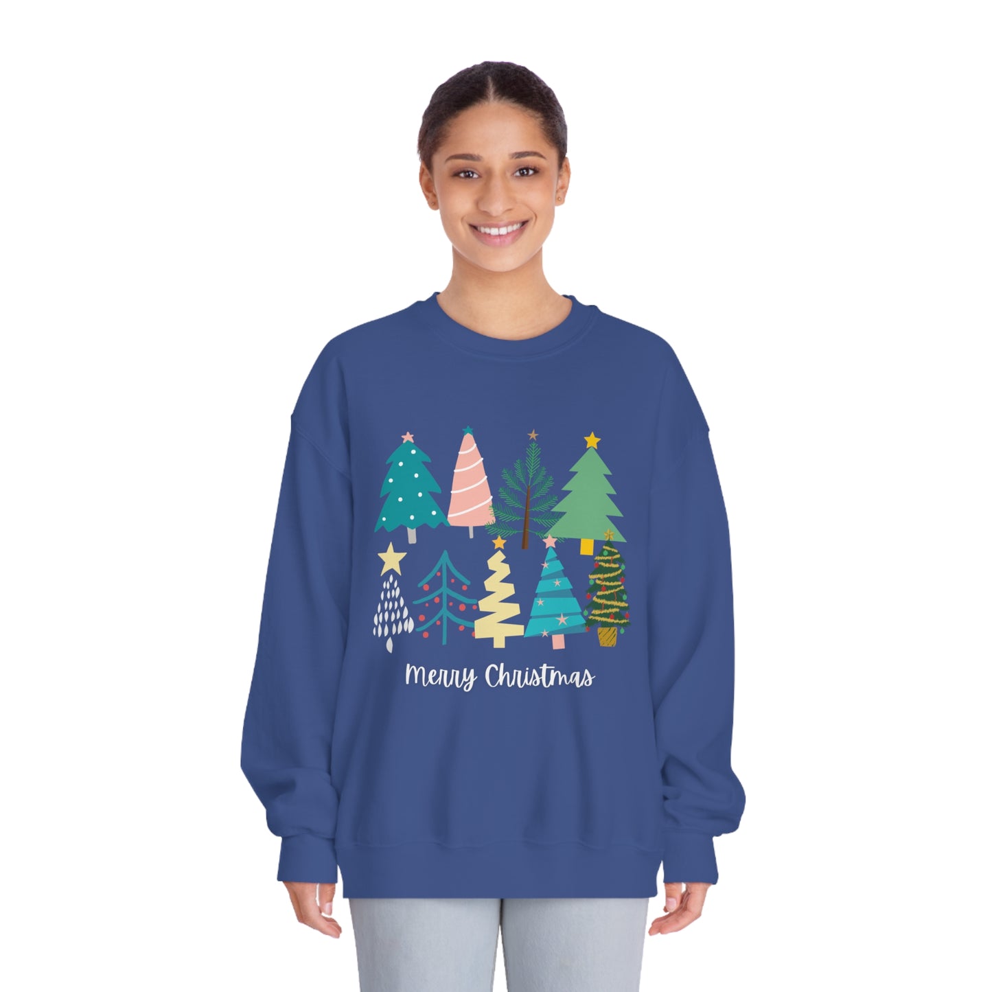 Women’s Merry Christmas Crewneck Sweater with Cute Christmas Trees - Festive Holiday Sweater