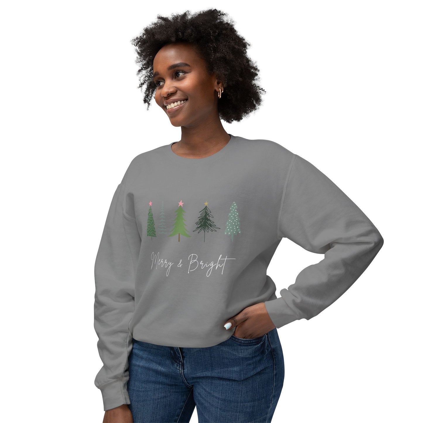 Women’s “Merry & Bright” Christmas Sweater with Christmas Trees