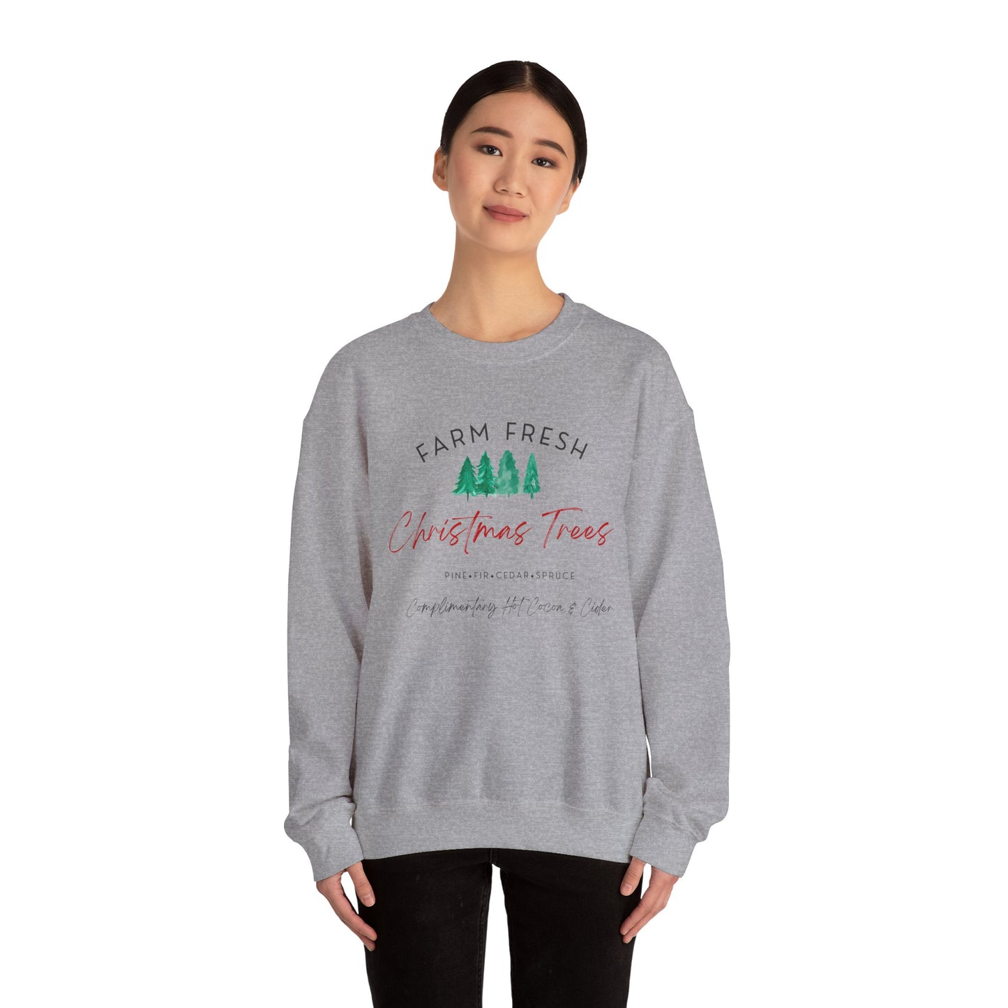 Christmas Tree Farm Fresh Sweatshirt with “Complimentary Hot Cocoa & Cider” – Cozy Holiday Sweatshirt Crewneck Sweatshirt