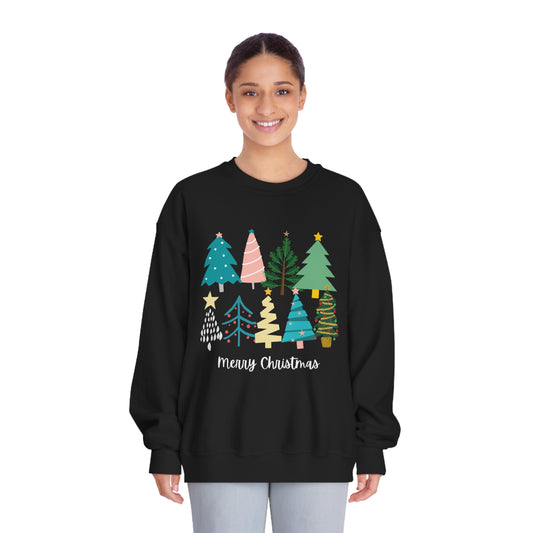 Women’s Merry Christmas Crewneck Sweater with Cute Christmas Trees - Festive Holiday Sweater