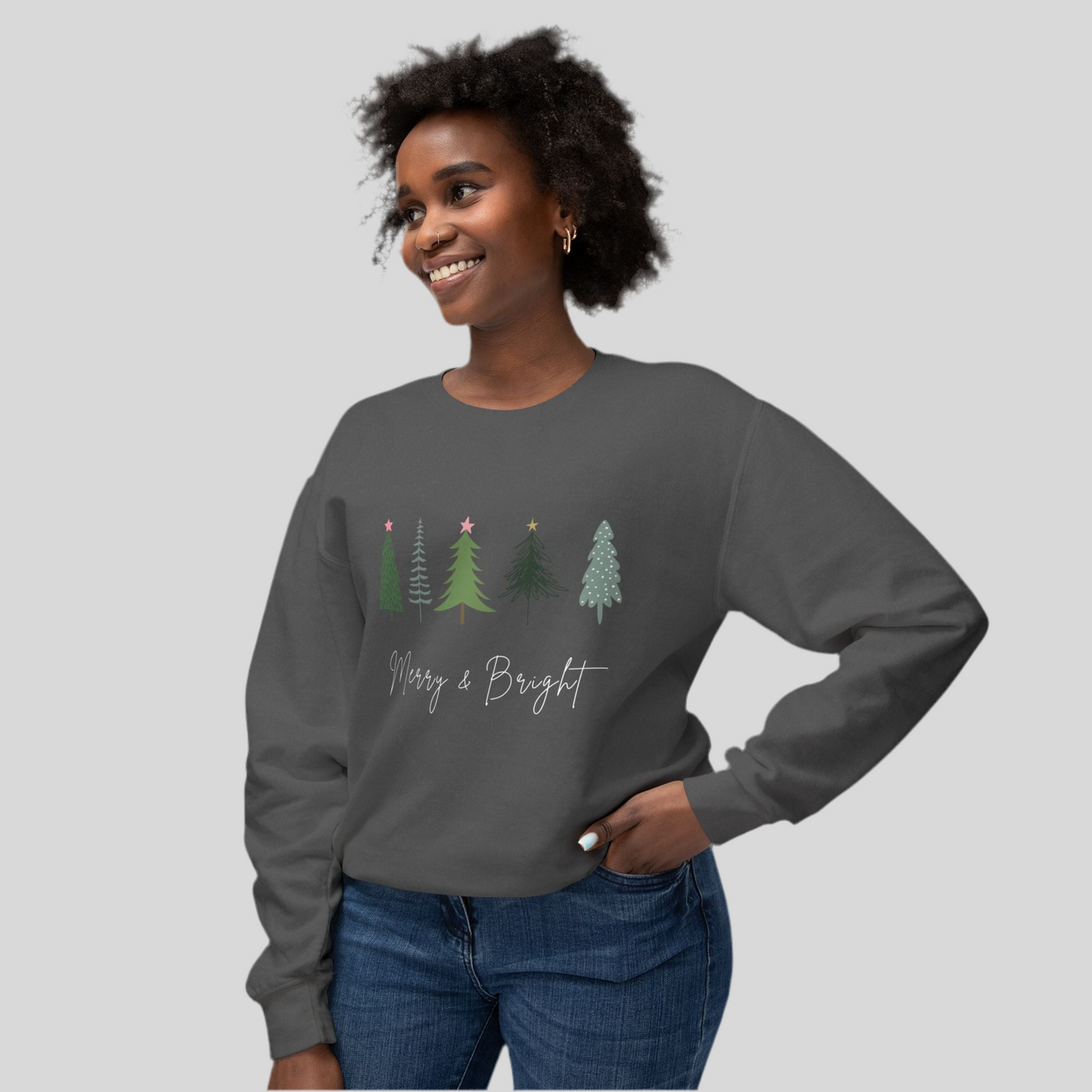 Women’s “Merry & Bright” Christmas Sweater with Christmas Trees