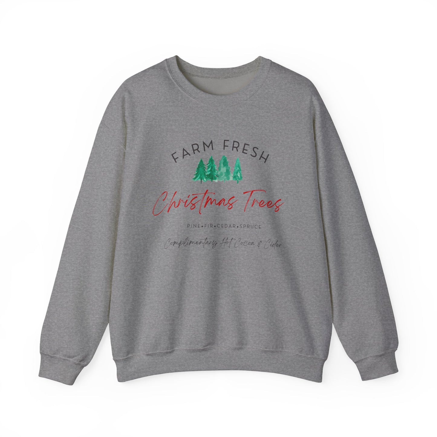 Christmas Tree Farm Fresh Sweatshirt with “Complimentary Hot Cocoa & Cider” – Cozy Holiday Sweatshirt Crewneck Sweatshirt