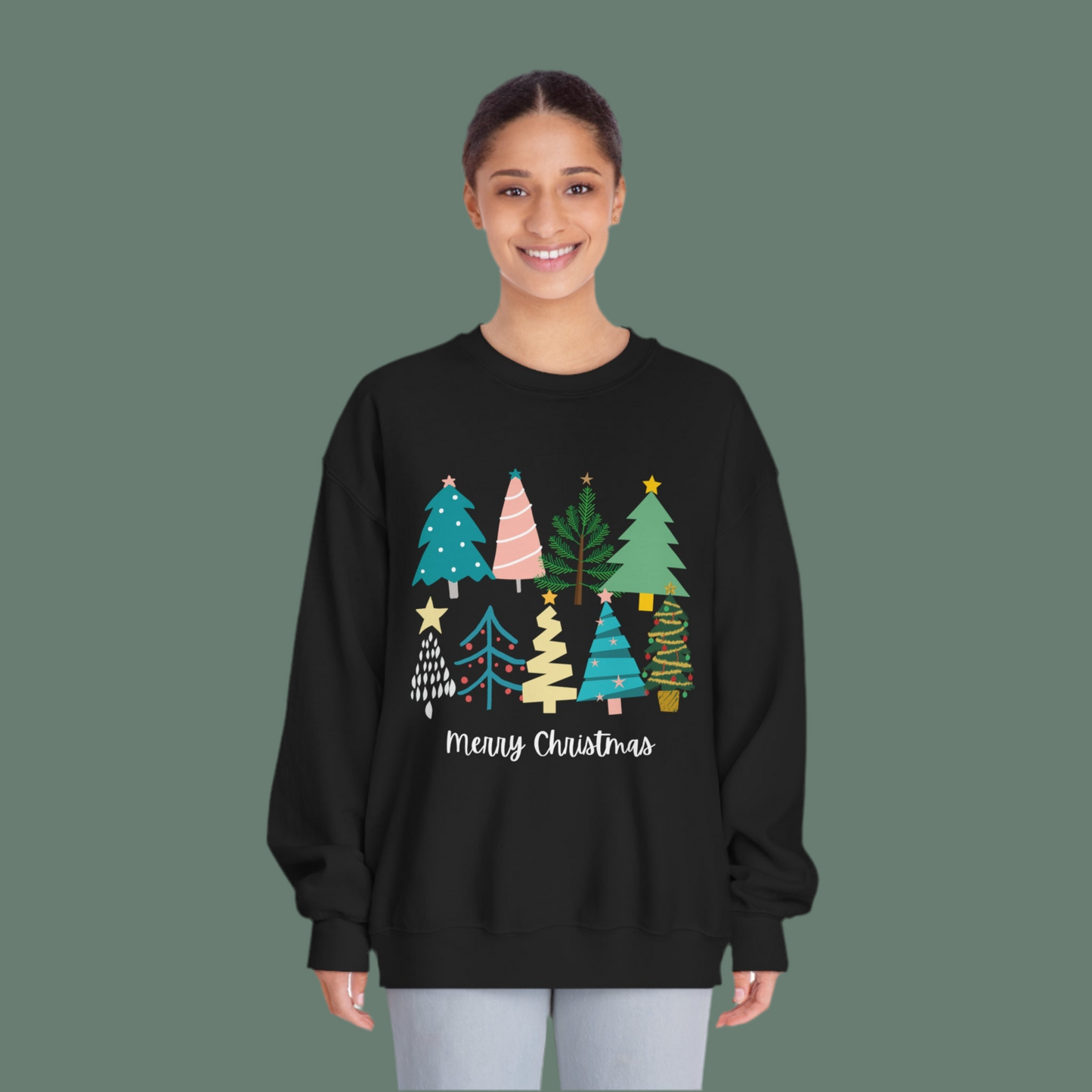 Women’s Merry Christmas Crewneck Sweater with Cute Christmas Trees - Festive Holiday Sweater